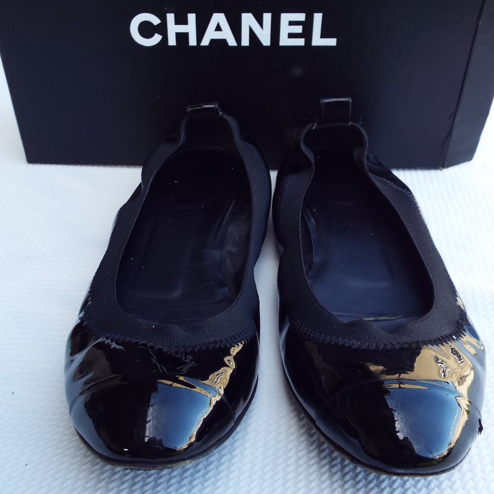 Chanel " Spirit" Patent On Patent Cap-Toe Flats